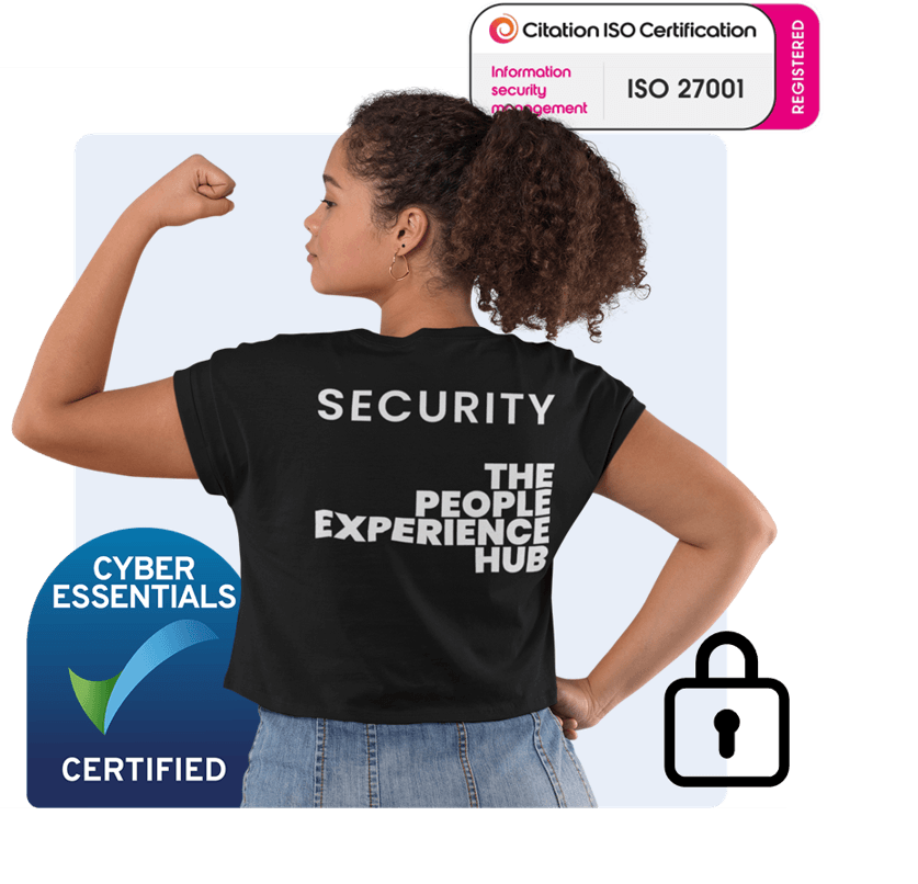 A lady wearing a T Shirt with SECURITY written on it with the Cyber Essentials Logo and ISO27001 Logo