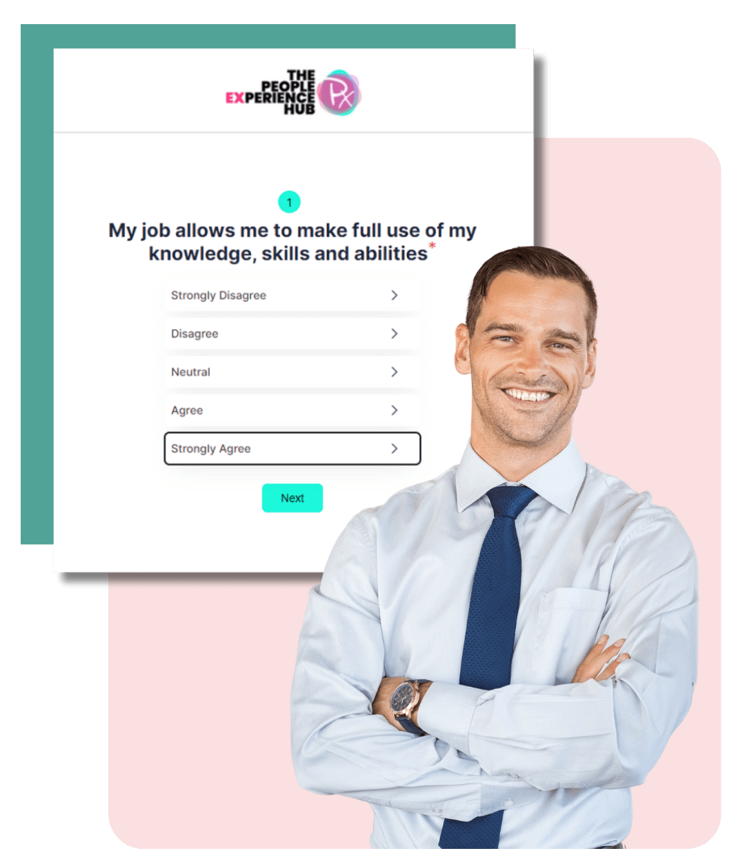 A smiling man in shirt and tie infront of a mock up of an employee survey